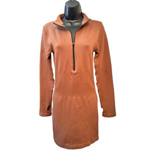 New Women’s Ribbed 1/2 Zip Front Stretch Mini Mock Neck Dress Color Cafe Au Lait